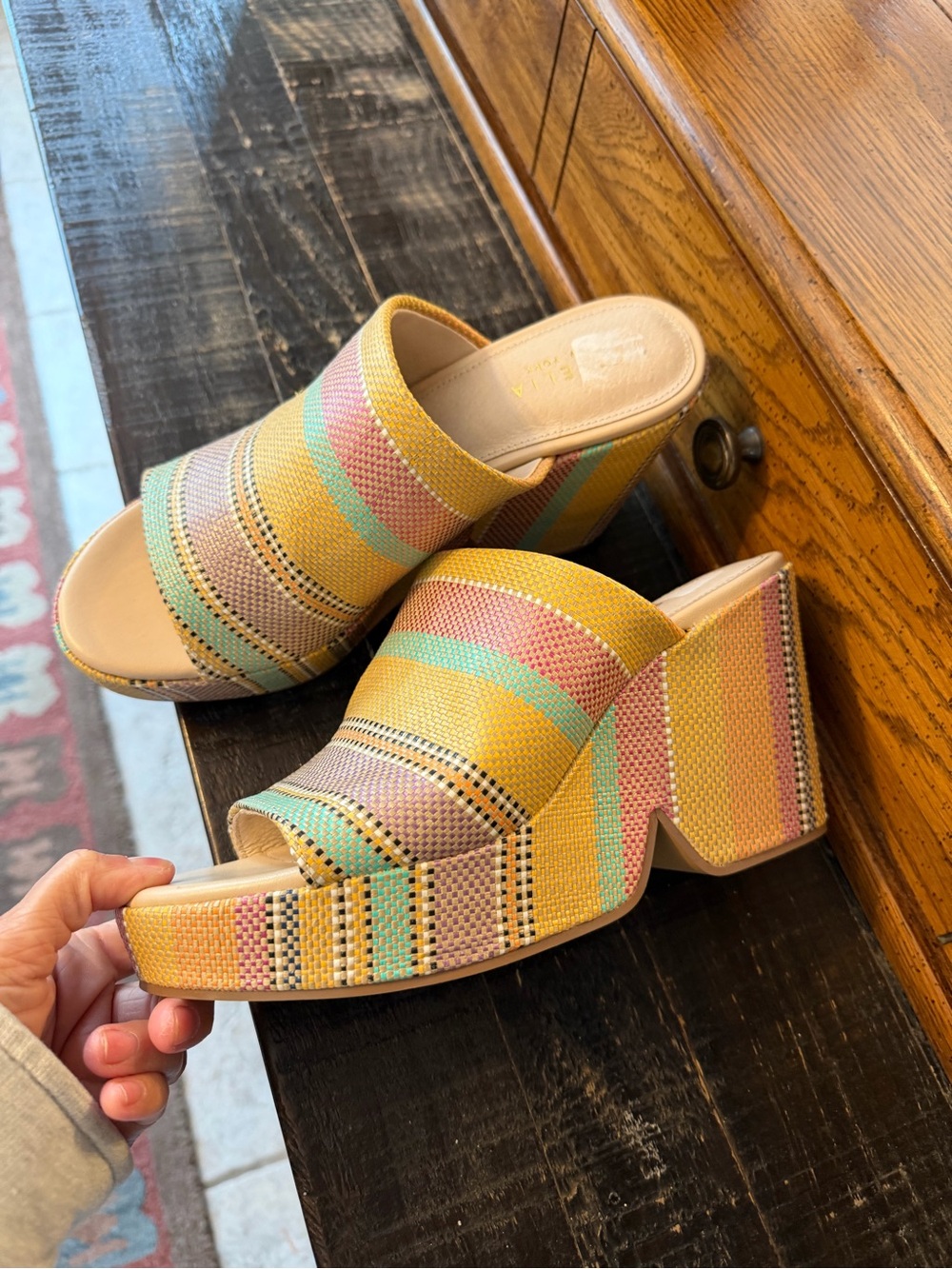 CECILIA NEW YORK Multicolor Woven Platform Mule in Yellow, Pink & Mint - Picture 4 of 9